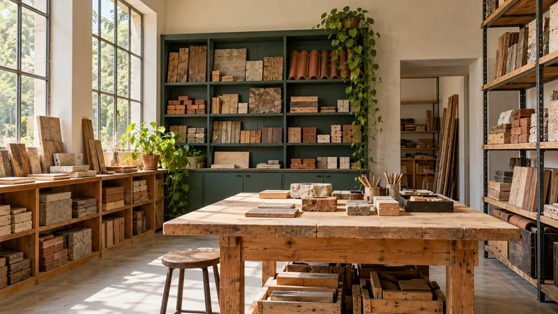 Atelier avec une table et des étagères d’échantillons de matériaux.
